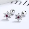 Brincos de Prata 925 Estampa de Floco de Neve Stud com Parafuso Embutido em Diamante Orelhas Sem Ponta Joia de Orelha Simples com Diamante Vermelho Presente de Natal