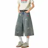 Shorts de Mezclilla Modernos para Hombre con Bordado de Perro, Verano Holgados Retro Americano Lavados Casuales a la Rodilla