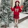 Conjunto Rojo de Año Nuevo para Niñas, Suéter Grueso de Punto, Falda a Cuadros, Conjunto JK, Ropa Festiva de Invierno para Celebrar el Año Nuevo