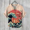 Patrón Verano Delgado Transfronterizo Estampado Digital Cuello en V para Hombre Pulóver de 3 Botones Casual Lino Polo