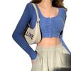 Cárdigan sexy europeo y americano con botones y cintura ajustada elástica con puños de hilo ajustados hasta el ombligo, camisa corta con abertura para mujer