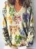 Sudadera casual de mujer transfronteriza, nuevo diseño de moda, estampado de bloques de color, cuello en V, manga larga, estilo europeo y americano