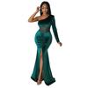 K10354 Amazon Europa y Estados Unidos ropa de mujer transfronteriza otoño e invierno explosiones cuello oblicuo pliegue abertura color sólido vestido cola de pez nuevo