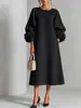Vestido midi transfronterizo de manga abullonada con cierres de nudo hechos a mano y puños florales tridimensionales, con un diseño de falda recta acampanada para mujer