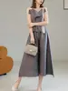 Conjunto Plissado para Mulheres, Conjunto de Duas Peças de Verão, Alto Padrão, Rejuvenescedor, Top Camiseta Alça Assimétrica, Calça Casual Solta Emagrecedora