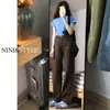 Jeans Negros de Pierna Ancha Estrecha para Mujer Talla Pequeña Otoño/Invierno Forro Polar 2024 Nuevos Pantalones Rectos Sueltos de Cintura Alta