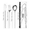 Venta caliente transfronteriza 304 acero inoxidable cuchillo, tenedor, cuchara, palillos traje de vajilla bolsa de PVC conveniente juego de cuatro piezas de vajilla portuguesa
