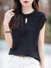 Primavera y Verano Nueva Llegada Lana Peinada Tejida Camiseta Base para Mujer Cuello Redondo Sin Mangas Ropa Exterior Camiseta Costuras de Encaje Estilo Occidental Combinable