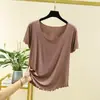 Camiseta de Manga Corta Suelta Sin Costuras de Color Sólido Modal con Volantes para Mujer, Capa Base de Primavera Verano, Talla Grande, Cuello Redondo