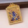 Nuevo thangka de deidad negra estilo Tíbet, pintado a mano con detalles dorados, representando las Ocho Grandes Deidades Guardianas, incluyendo al Dios Amarillo de la Riqueza, Zaki Lhamo, como un colgante.