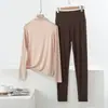 Conjunto de Duas Peças Casual para Casa, Malha Fina de Modal, Tamanho Grande, Soltinho, para Primavera e Outono, com Gola Meia-Alta, Mangas Longas e Calça de Cintura Alta