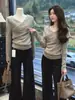 Tricô Cinza Irregular com Decote V Cruzado e Mangas Longas para Mulheres, Suéter Outono e Inverno com Estilo Hot Girl, Top Base Ajustado na Cintura