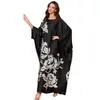 Bata exótica de satén de manga larga para casa, talla única, vestido largo estampado de cuello redondo, ropa de dormir para mujer, corte holgado con bajo ancho