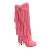 Botas Tamanho 32-43 Botas Europeias e Americanas com Franjas de Salto Alto Novas Botas Femininas Outono e Inverno Botas de Salto Alto com Salto Grosso Sapatos Femininos para Exportação