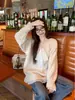 Suéter Feminino de Tricô Patchwork com Laço de Renda Solto de Manga Longa Estilo Preguiçoso Outono/Inverno 2025 Top de Comprimento Médio