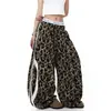 Calças de Bainha Curva para Primavera e Outono, Calças Wide-Leg com Estampa de Leopardo Retro Americano para Mulheres, Soltas e Emagrecedoras, Calças Longas Casuais de Corte Reto para Meninas Modernas