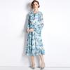 Vestido Feminino Europeu 2022 Início de Outono Novo Gola Redonda Manga Pétala Folha de Lótus Vestido Longo de Chiffon Estampado