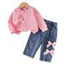 Conjunto de Moletom Rosa de Manga Longa com Laço e Costura Canelada + Calça Jeans Lavada - O Mais Vendido da Amazon na Europa e América - Novo Estilo