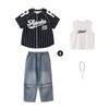 Terno de hip-hop para meninas, jeans solto, manga curta, para meninos, infantil, hip-hop, performance, hip-hop, moda infantil, roupas