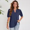 Novedad de verano 2022 en Amazon, tops cruzados europeos y americanos para mujer, camiseta casual de color liso con cuello en V y manga abullonada, holgada para mujer