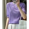 Camiseta de lã misturada de primeira linha com mangas curtas feminina, solta, gola redonda, top de malha de meia-manga, camiseta fina para primavera e verão