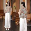 Conjunto de Duas Peças para Mulheres: Top Floral Retro Sem Mangas com Fita e Calça Wide-Leg, Elegante e Emagrecedor para o Trabalho com Estampa Artística