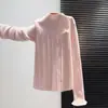 Top de punto para mujer con lazo y ribete de encaje, cuello semi alto, rosa, estilo único, hermoso y juvenil