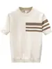 Nueva camiseta de punto de manga corta para hombre de verano, a rayas, simple, business casual, corte ajustado, camiseta de seda helada, venta al por mayor transfronteriza