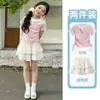 Conjunto de Ropa Coreana para Niñas con Bloques de Color, Nueva Moda de Verano para Niños Mayores, Elegante Conjunto de Top y Falda Falso de Dos Piezas