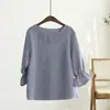 Camisa de trabalho europeia e americana transfronteiriça xadrez pequeno gola redonda, estilo fresco e artístico, mangas de três quartos, top versátil para o trabalho