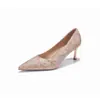 6316B Zapatos de Tacón Alto con Encaje y Brillo para Mujer Punta Fina Tacón de Aguja Tacón Metálico Zapatos Individuales Dorado Plateado Fiesta Nupcial Zapatos de Mujer