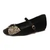 Zapatos Mary Jane de punta cuadrada con correa de lazo de pedrería para mujer, zapatos de tacón único de gamuza francesa hipoalergénicos que aumentan la altura, negros