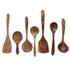 Espátula Pequeña de Madera de Acacia, Espátula de Madera para Sartén Antiadherente, Cuchara Sopera de Madera con Mango Largo, Cuchara Pequeña de Madera para Arroz, Juego de Espumadera para Fideos de Madera de Teca