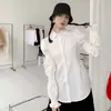 Camisa Branca de Manga Longa Nicho 2025 Primavera Redutora de Idade Design Discreto Manga de Pétala Bolha