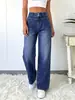 Yt06 Calça Jeans Feminina Nova Retrô Solta de Cintura Alta com Patchwork Plissado Azul Lavado Wide-Leg