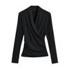 Camiseta Feminina Gola V Lisa Manga Longa Estilo Coreano Outono Inverno Elegante Slim Fit Cintura Camisa Base Design-Sense Emagrecedor Top