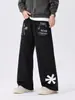 Calça de moletom cinza estilo retrô americano com estampa de bolso, unissex, modelagem solta, calça casual versátil de perna larga, moderna para casais