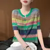 Camiseta de cuello redondo a rayas arcoíris de Lyocell con una sensación fresca, transpirable y texturizada, versátil y elegante para ir al trabajo, prenda exterior para mujer
