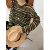 Top de punto de seda helada con bloques de color a rayas, protección solar para mujer, estilo relajado y perezoso de verano, camiseta holgada de manga larga para cubrir