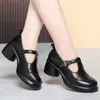 Coleção de primavera e outono: couro macio, tira em T estilo retrô, salto grosso, bico redondo, sola grossa, sapatos de couro - simples, versáteis e confortáveis, perfeitos para mães de meia-idade