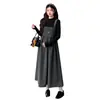 Conjunto de Maternidad Otoño Invierno Nuevo Mono Gris Oscuro + Camiseta Base Amigable con la Piel Falda Larga de Corte A Ropa Exterior Holgada para Ocultar el Vientre Adelgazante