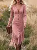 Estación independiente de Amazon de talla europea y americana transfronteriza vestido vintage western de vaquera ajustado de manga larga con flecos