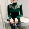 Otoño e Invierno Europeo Nuevas Camisas Base Europeas para Mujer Malla con Empalme de Terciopelo Camisas Pequeñas Elegantes Tops de Moda para Mujer
