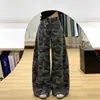Calça Jeans Camuflada Petite Americana High Street Workwear para Mulheres, Cintura Alta, Solta, Emagrecedora, Perna Reta, Perna Larga, Comprimento no Chão, Tendência