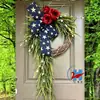 Nuevo producto transfronterizo de Amazon: Corona del Día de la Independencia de Estados Unidos con hortensias, rosas, guirnalda roja, blanca y azul, adorno colgante decorativo