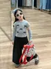 Otoño 2024 Nueva Ropa Infantil Coreana para Niñas Camiseta de Manga Larga con Costuras y Lazo Camiseta Básica con Puntos Polka Pantalones de Pierna Ancha