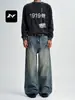 Jeans holgados de pierna ancha para hombre y mujer, corte recto retro americano, lavados y desgastados, con diseño de patrón de rayo, apilados