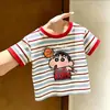 Camiseta de Manga Corta a Rayas para Niños y Niñas, Algodón Puro, Estampado de Dibujos Animados de Verano para Niños, Top Casual y Versátil Estilo Coreano con Cuello Redondo para Bebé
