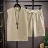 Conjunto de camisetas de punto gofre de manga corta y sin mangas para hombre, chaleco de verano, atuendo casual deportivo para estudiante, conjunto moderno para hombre