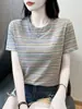 Camiseta de Algodón a Rayas de Manga Corta para Mujer, Nuevo Estilo Verano 2026, Hombro Normal, Corte Holgado, Adelgazante, Cuello Redondo, Camiseta de Manga Media de Alta Gama